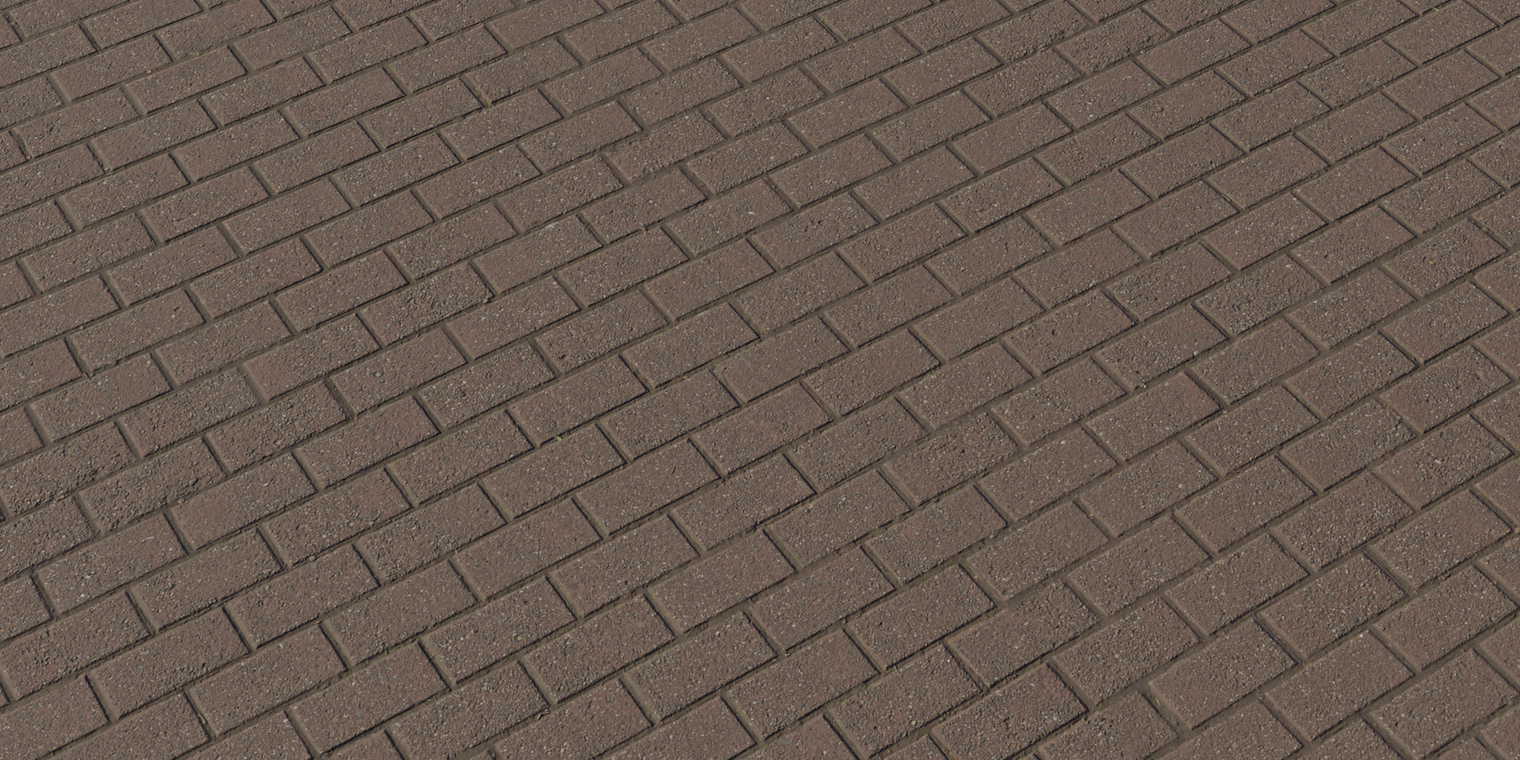 Free 8K texture of rough brown-red interlocking brick pavement with gritty anti-slip surface, subtle wear, dirt-filled joints and low sheen.