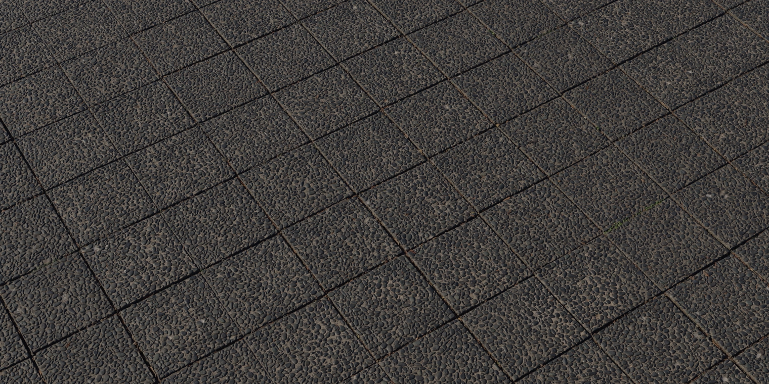 Free 8K texture of pebble-embedded concrete tiles, coarse and rough outdoor pavers with visible grout and a durable pavement surface.