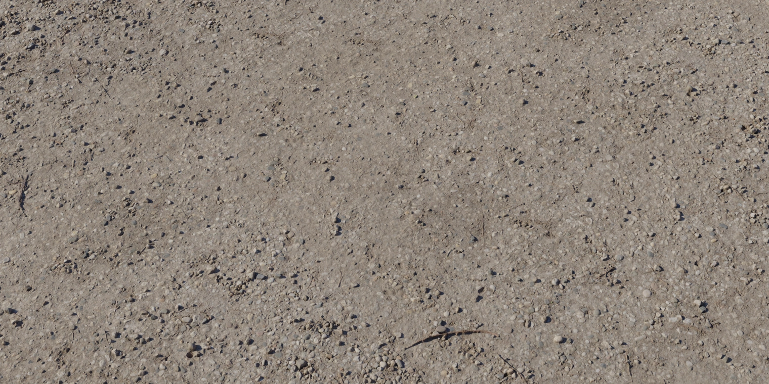 Free 8K texture of compacted dirt with scattered pebbles and dry leaves. Even, low-relief pebbly surface with muted brown tones and subtle roughness.