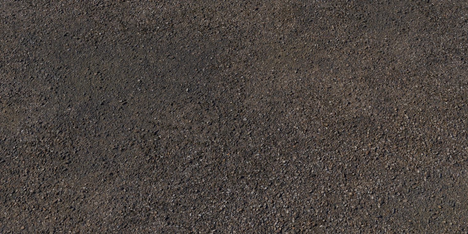 Free 8K texture of compacted driveway gravel: dark brown-grey gritty ground with small rounded pebbles, subtle roughness and low, varied sheen.