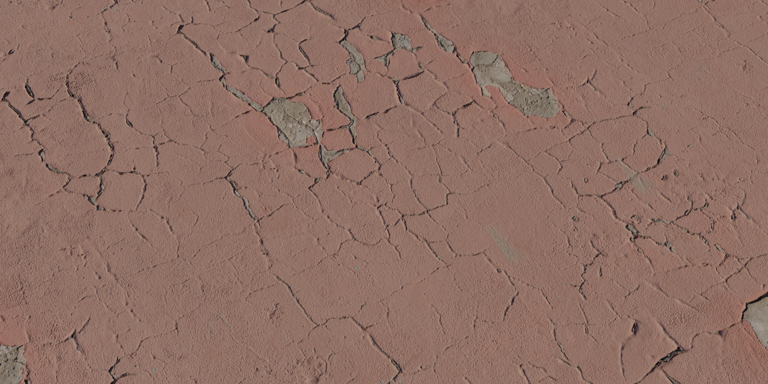 Free 8K texture of a peeling painted concrete wall - cracked, flaking paint with scuffs, scratches and rough exposed substrate showing pronounced surface relief.