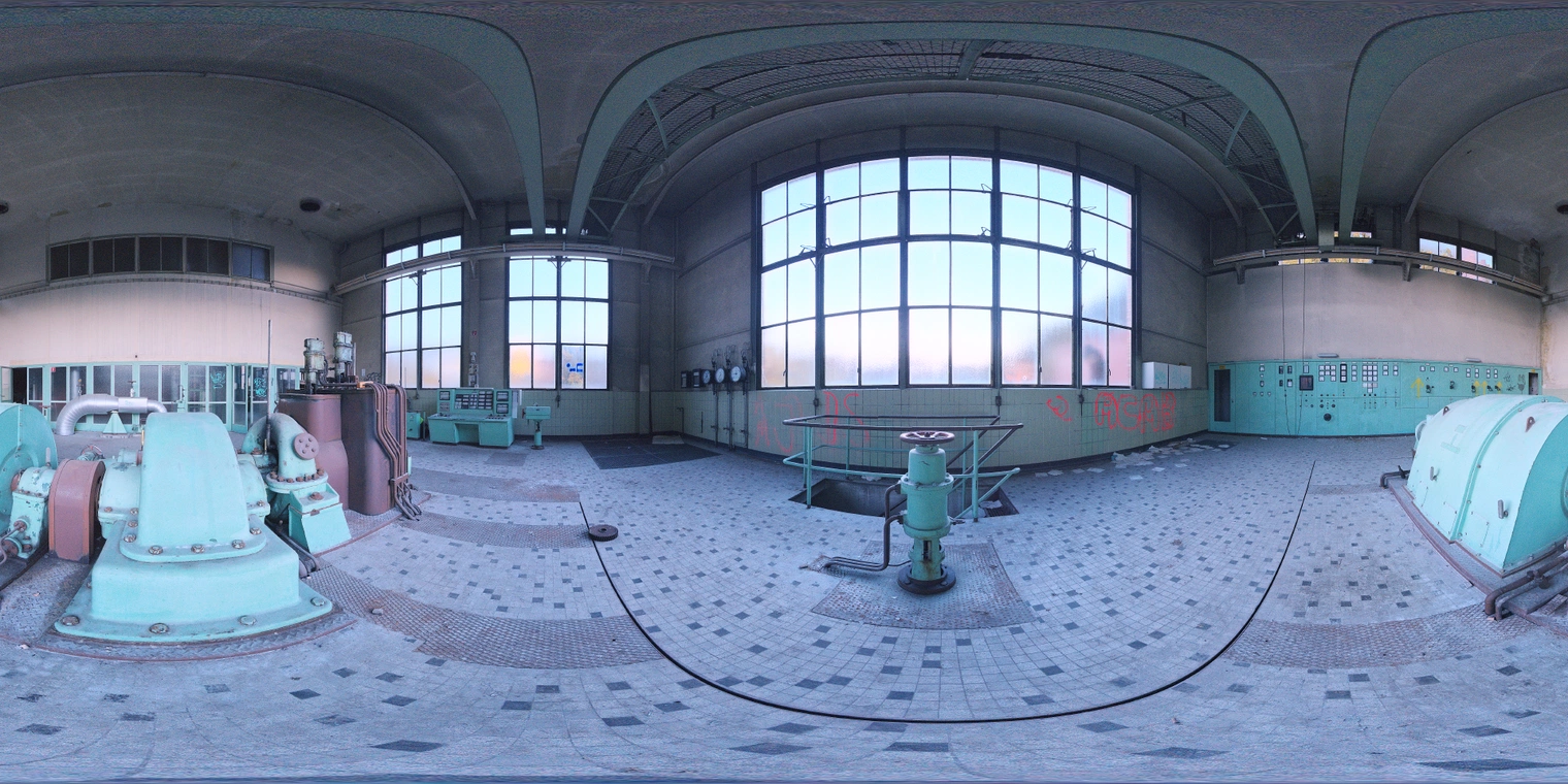 Free 20K unclipped HDRI of an abandoned industrial powerplant interior at sunrise - soft warm window light, medium contrast, tiled floor and vintage machinery.