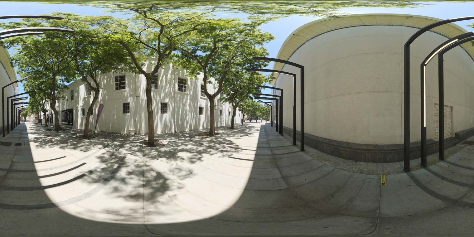 Unclipped, free 24k HDRI of a sunlit pergola walkway at midday, clear blue sky, and dappled tree shadows creating soft urban outdoor lighting.