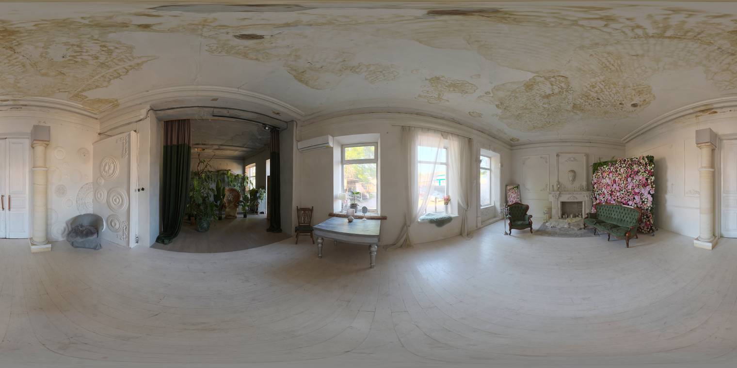 Free 16K unclipped HDRI of a Victorian themed studio with soft midday natural light, low contrast, airy ambiance and warm window highlights.