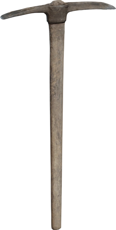 Free 8K model of a worn pickaxe with a weathered wooden handle and dirt-streaked, rusted metal head - authentic vintage farmhouse/workshop patina.