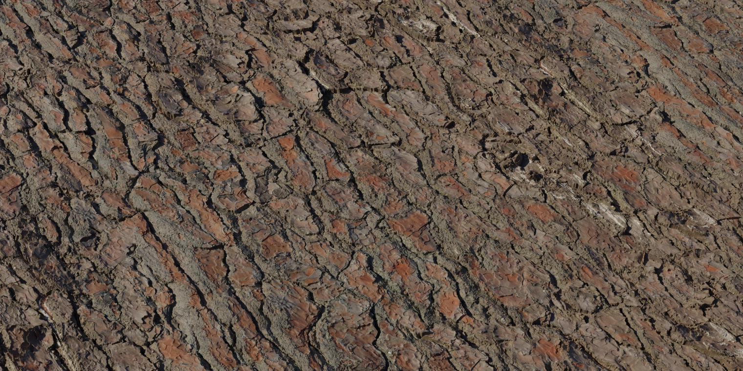 Free 8K pine bark texture with rough, weathered, flaky reddish-brown plates and deep dark fissures, offering a coarse, organic, highly detailed surface.