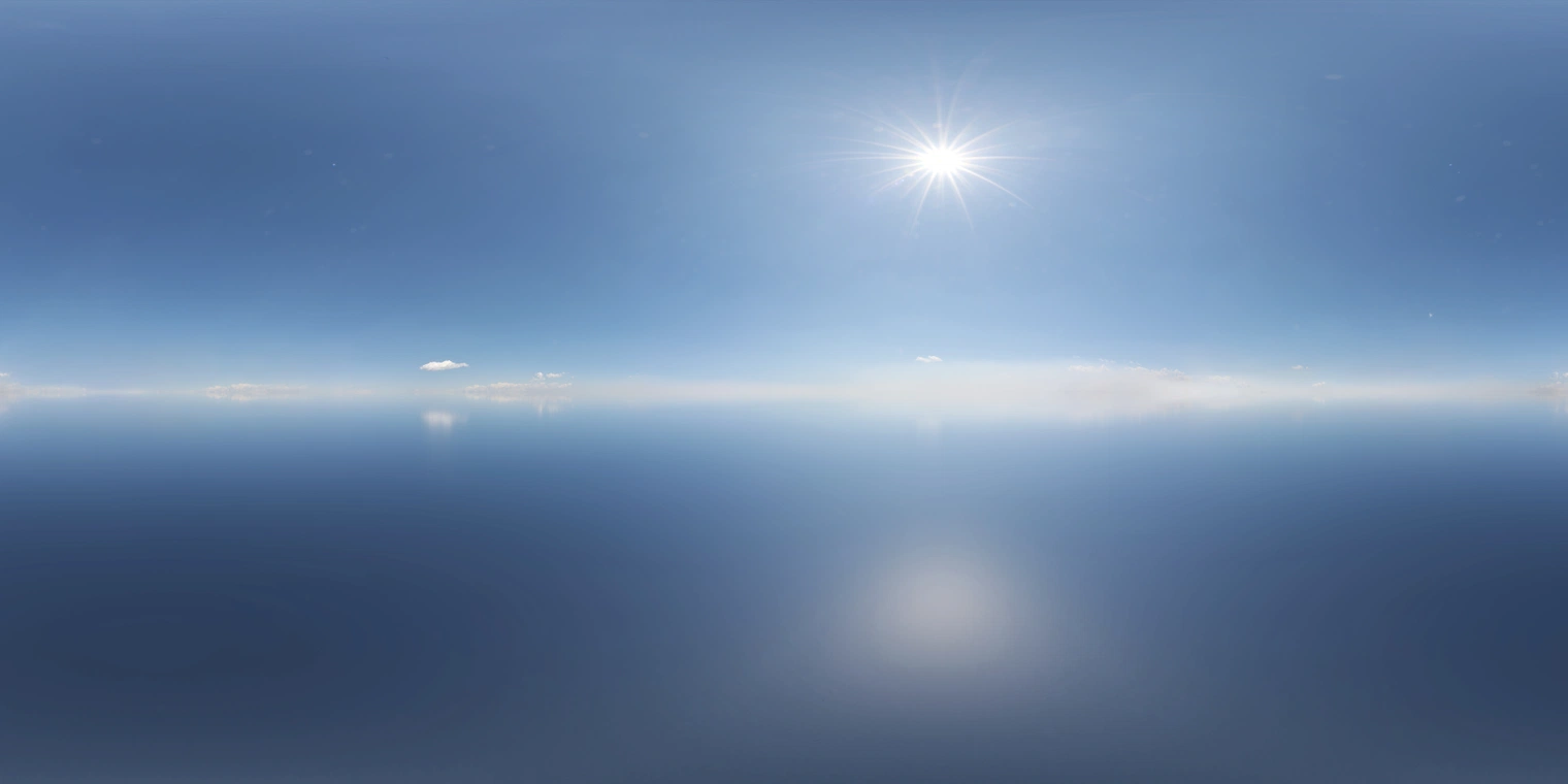 Free 20K, unclipped HDRI: bright clear midday sky with a hard sun, high-contrast natural light and subtle horizon haze - ideal for crisp outdoor renders.