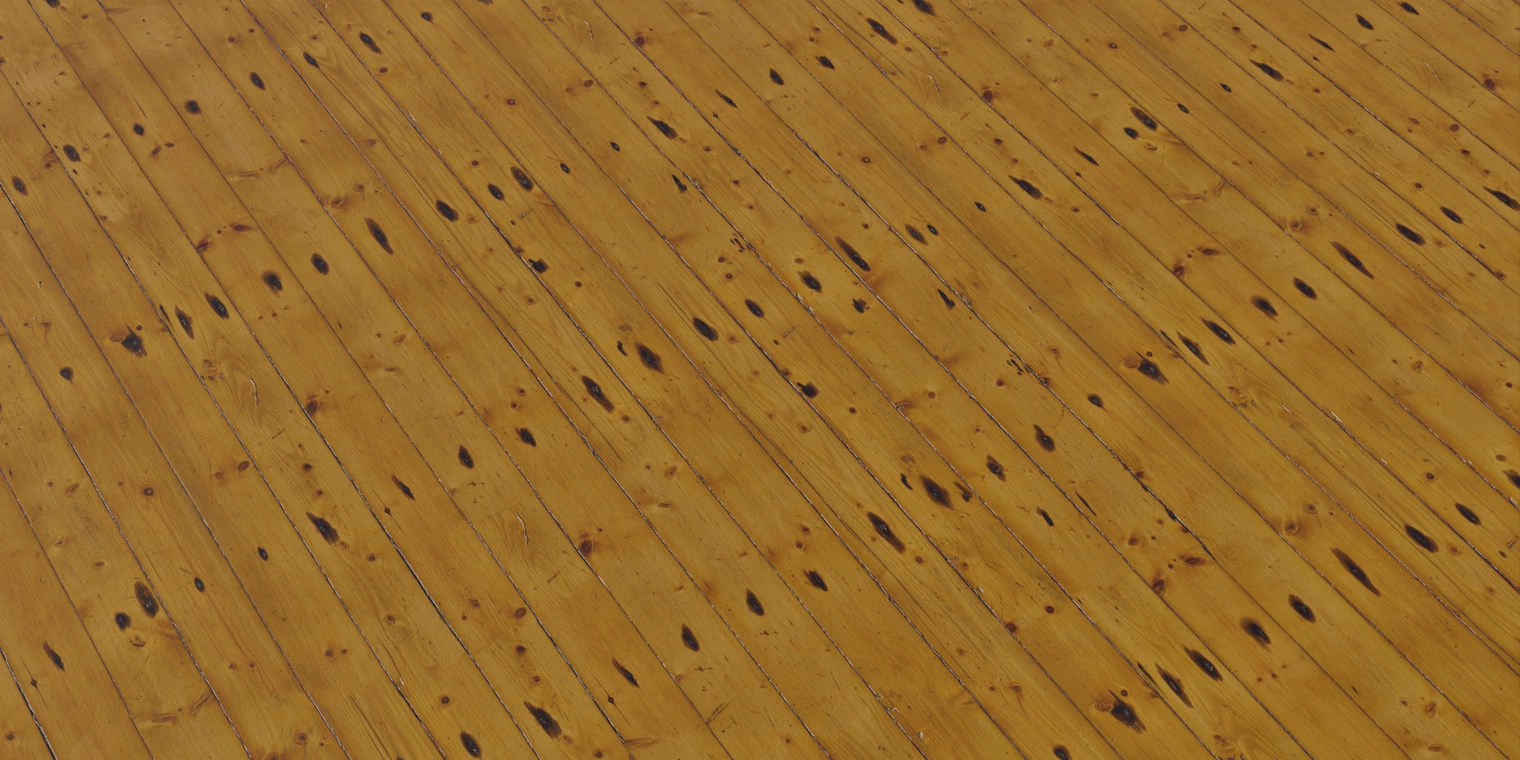 Free 8K texture of yellow varnished wooden planks with knots, scratches, plank seams and a subtle glossy finish.