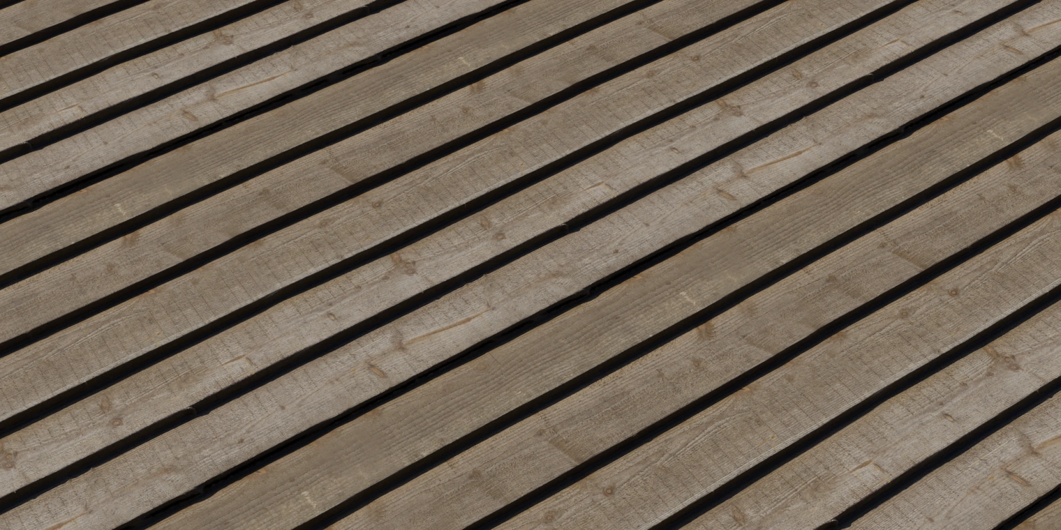 Free 8K texture of weathered brown wooden planks with a rough, discolored surface, visible grain, knots and worn edges.