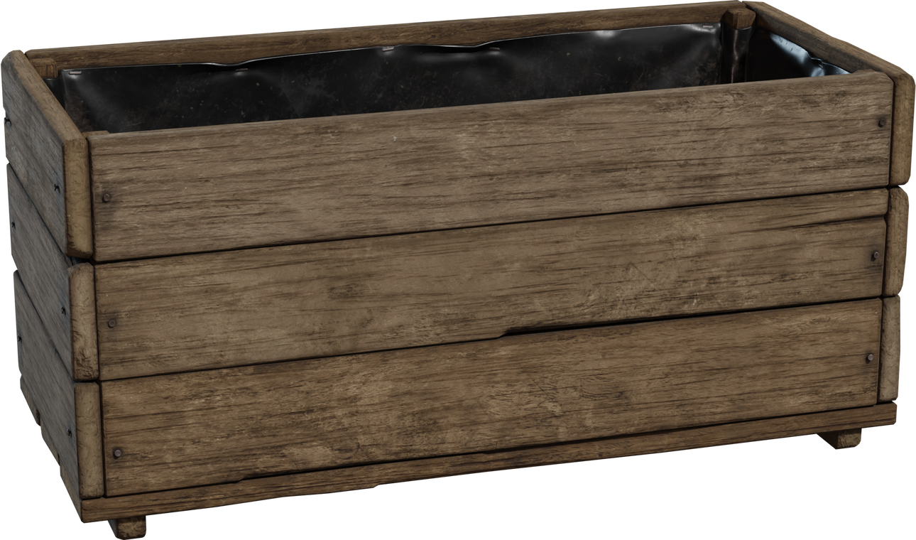 Free 8K model of an old farmhouse wooden planter box - weathered planks, interior liner, rustic shed/garden charm for landscaping, greenhouses, and decor.
