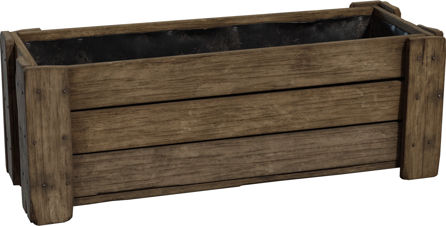 Free 8K model of a worn wooden planter box with metal liner, farmhouse shed style and realistic weathered grain - great for gardens, greenhouses, and landscaping.