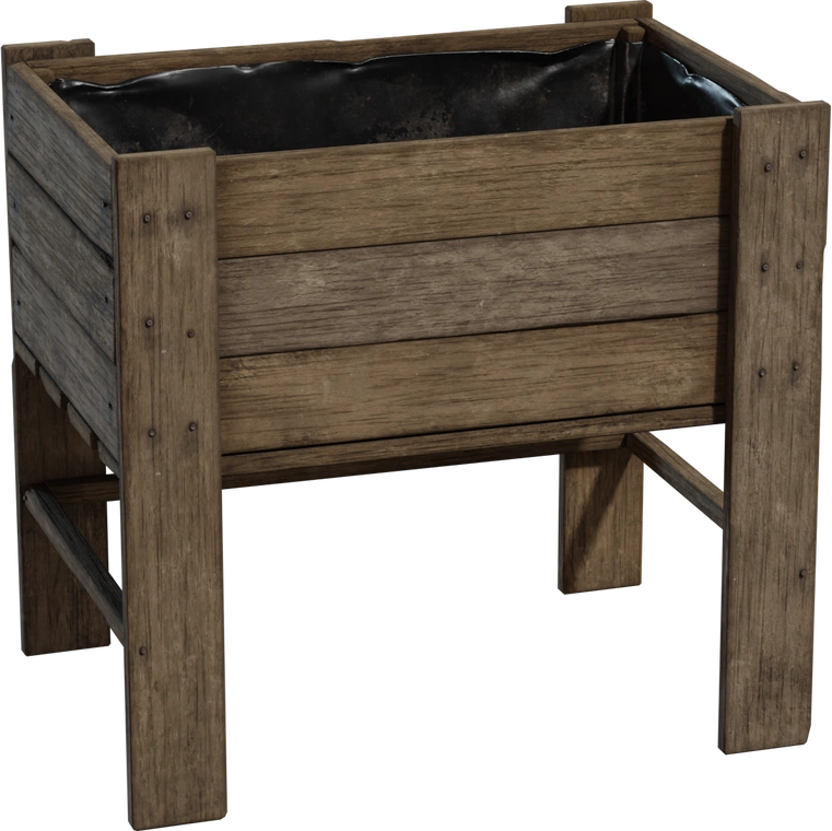 Free 8K model - weathered wooden planter box with liner, rustic farmhouse style, ideal for gardens, greenhouses and landscaping scenes.