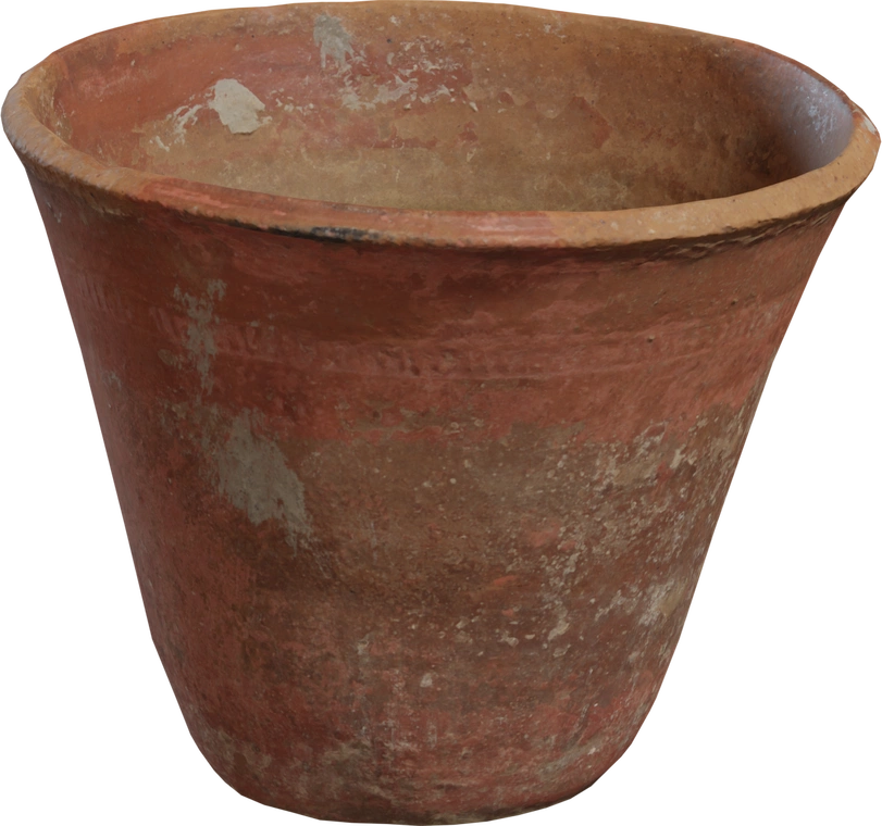 Free 4K model of a weathered terracotta planter: worn rim, chipped paint, mossy stains and gritty dirt with rough, aged clay surface.