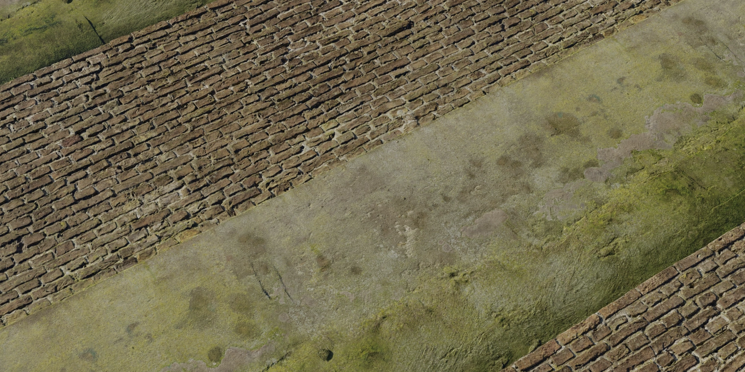 Free 8K texture of weathered brick and plaster, with rough chipped bricks, cracked mortar and mossy, damp concrete trim.