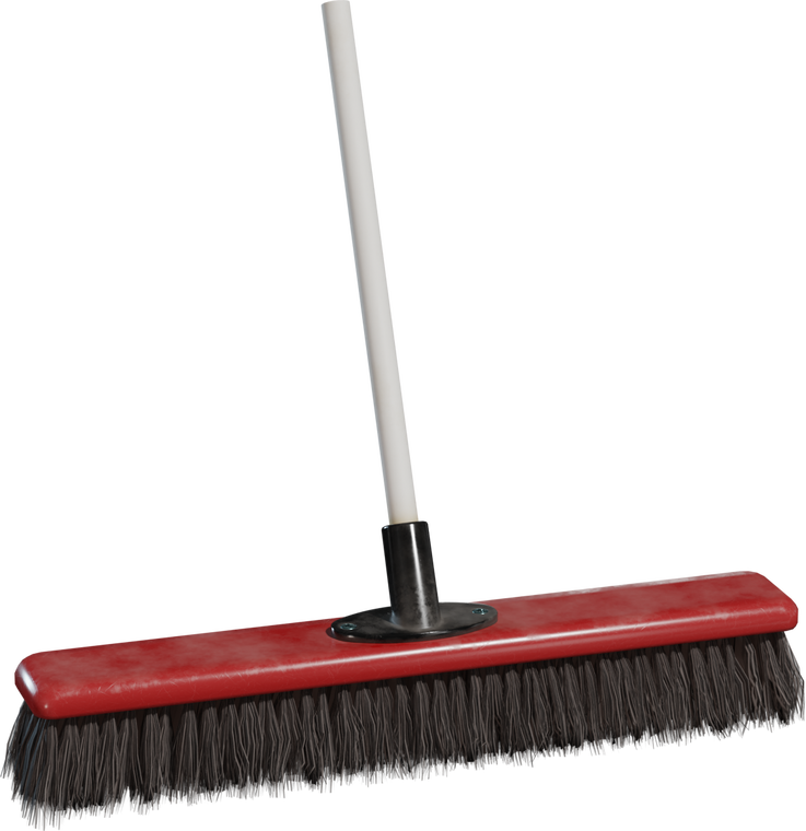 Free 8K model of a plastic push broom: red worn head, dense gray bristles, white handle and metal mount, subtle scratches and grime for realism.