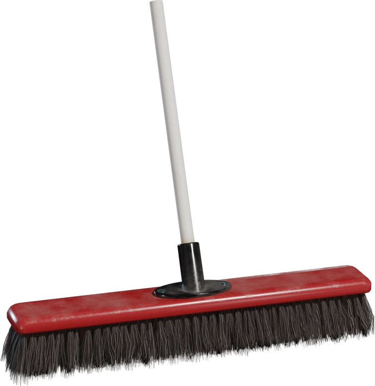 Free 8K model of a plastic push broom: red worn head, dense gray bristles, white handle and metal mount, subtle scratches and grime for realism.