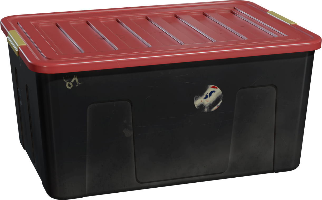 Free 4K model of a scuffed black plastic storage bin with red ribbed lid, yellow latches, side panels, dust, and a worn sticker with '01' marking.