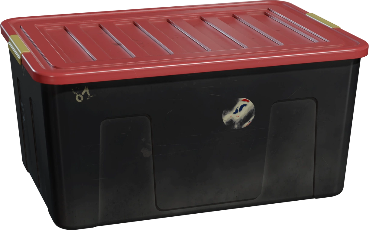 Free 4K model of a scuffed black plastic storage bin with red ribbed lid, yellow latches, side panels, dust, and a worn sticker with '01' marking.