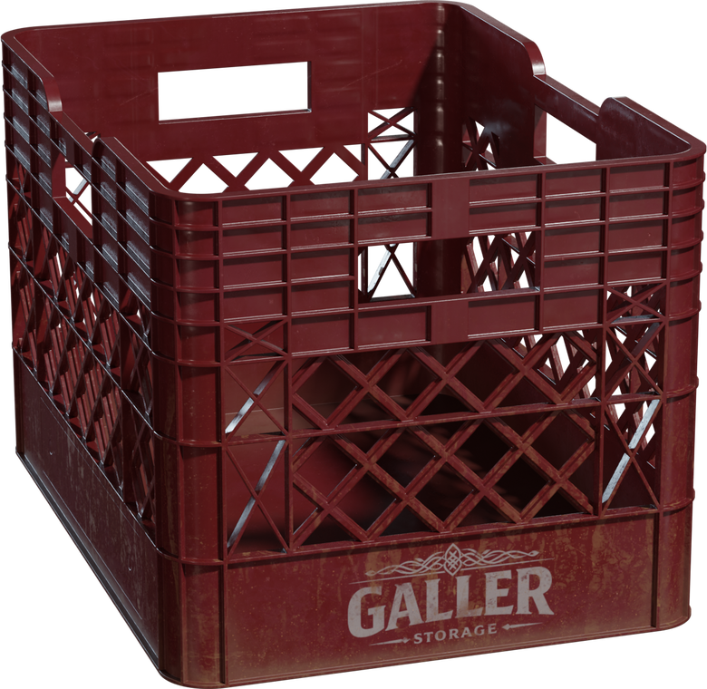 Free 4K model of a deep red plastic crate with lattice sides, cutout handles, and a worn GALLER STORAGE print. Realistic scuffs, grime, and sturdy ribs.