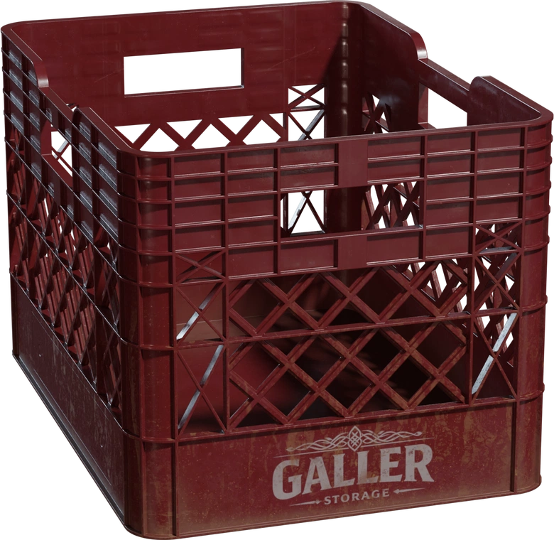 Free 4K model of a deep red plastic crate with lattice sides, cutout handles, and a worn GALLER STORAGE print. Realistic scuffs, grime, and sturdy ribs.