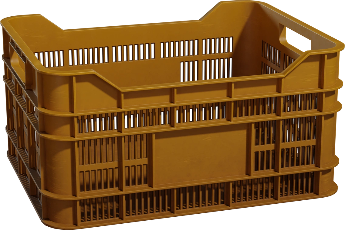 Free 4K model of a rugged plastic crate with vented sides, stackable ribs, and cutout handles. Adjustable color with subtle scuffs and molded seams.
