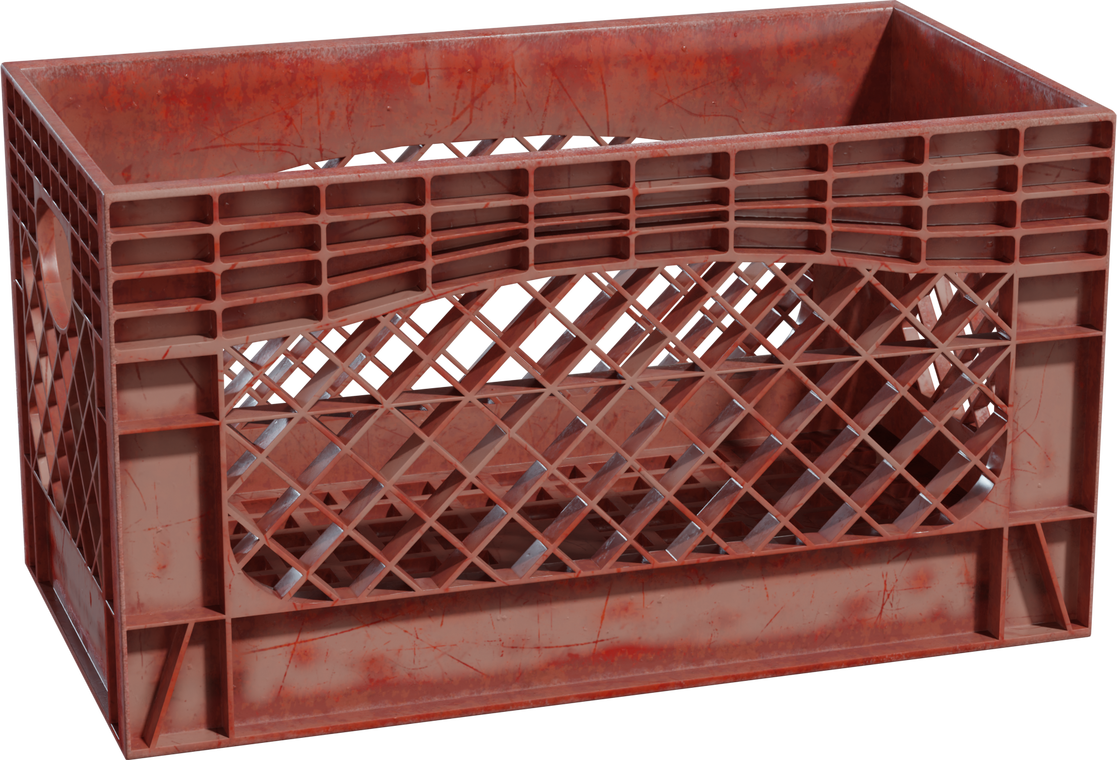 Free 8K model of a weathered red plastic crate with lattice sides, ribbed frame, open handles, and realistic scuffs, grime, and edge wear.