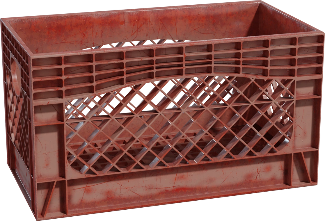 Free 8K model of a weathered red plastic crate with lattice sides, ribbed frame, open handles, and realistic scuffs, grime, and edge wear.