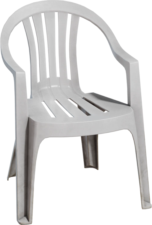 Free 4K model: weathered white plastic monobloc chair with scuffs, dirt and faded finish, classic cheap outdoor stacking design showing age and wear.