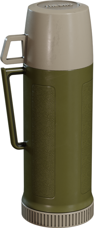 Free 4k model. Olive-green plastic thermos with beige cup-lid, molded handle, textured grip panels, ribbed base and light scuffs for a worn, realistic finish.