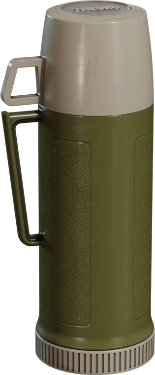 Free 4k model. Olive-green plastic thermos with beige cup-lid, molded handle, textured grip panels, ribbed base and light scuffs for a worn, realistic finish.