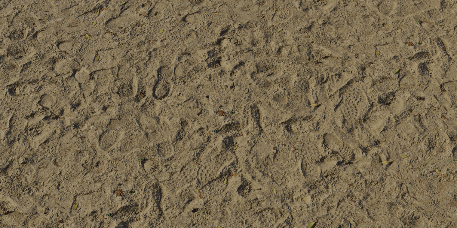Free 8K texture of damp playground sand: brown, rough-grained surface with footprints, wet patches, compacted ridges and scattered leaves.