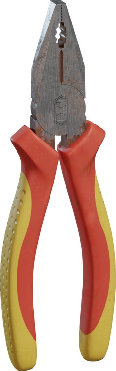 Free 4K model of well-used pliers with red/yellow rubber grips, serrated steel jaws and cutter, detailed scratches, scuffs, grime, and grip holes.