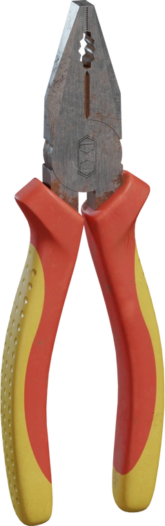 Free 4K model of well-used pliers with red/yellow rubber grips, serrated steel jaws and cutter, detailed scratches, scuffs, grime, and grip holes.