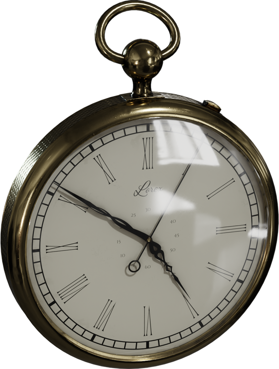 Free 4K antique brass pocket watch model with polished case, Roman numerals, ornate black hands, subtle wear, and realistic glass reflections.
