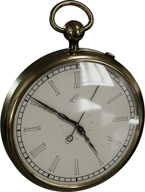 Free 4K antique brass pocket watch model with polished case, Roman numerals, ornate black hands, subtle wear, and realistic glass reflections.