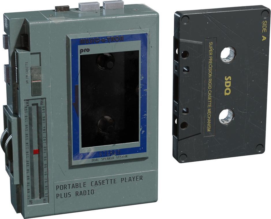 Free 4K model of a weathered teal portable cassette player and scratched black cassette, detailed labels, radio dial, tactile buttons and scuffed plastic.