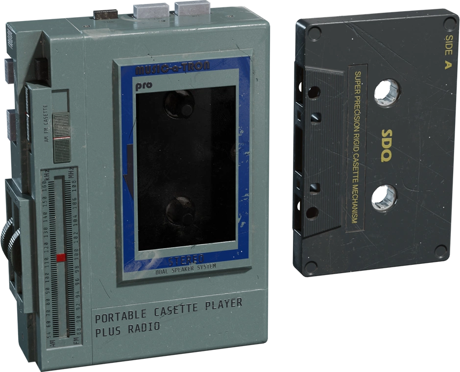 Free 4K model of a weathered teal portable cassette player and scratched black cassette, detailed labels, radio dial, tactile buttons and scuffed plastic.