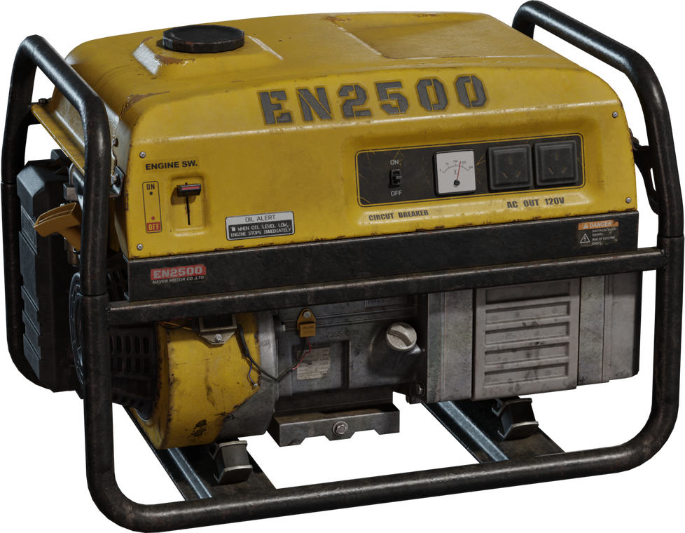 Free 8K model of a rugged yellow portable generator branding, tubular steel frame, crisp gauges, outlets and switches, exposed wiring, and worn grime.