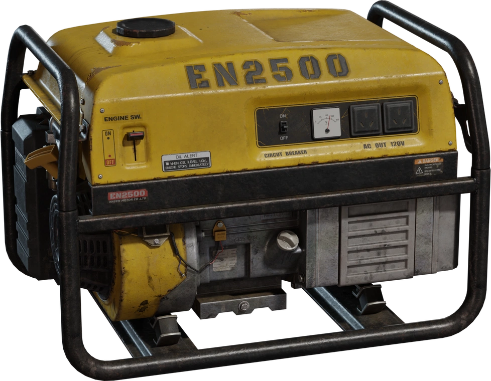 Free 8K model of a rugged yellow portable generator branding, tubular steel frame, crisp gauges, outlets and switches, exposed wiring, and worn grime.