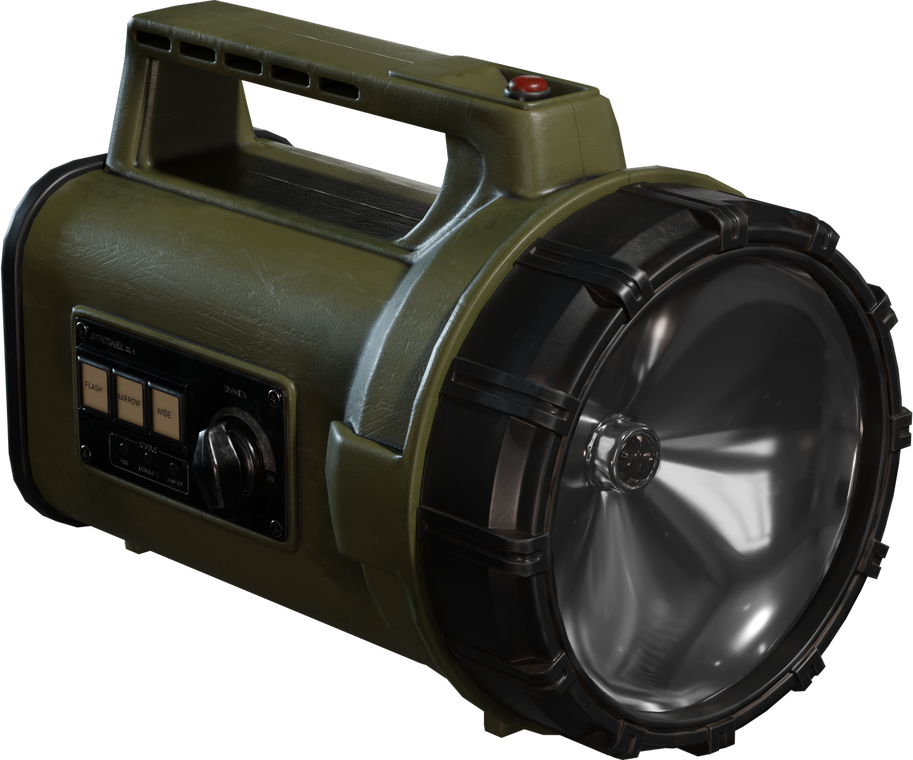Free 4K portable searchlight model with rugged olive body, big chrome reflector, chunky black bezel, side control panel and red handle button, subtle wear.