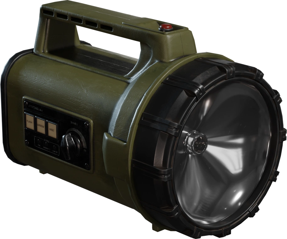 Free 4K portable searchlight model with rugged olive body, big chrome reflector, chunky black bezel, side control panel and red handle button, subtle wear.