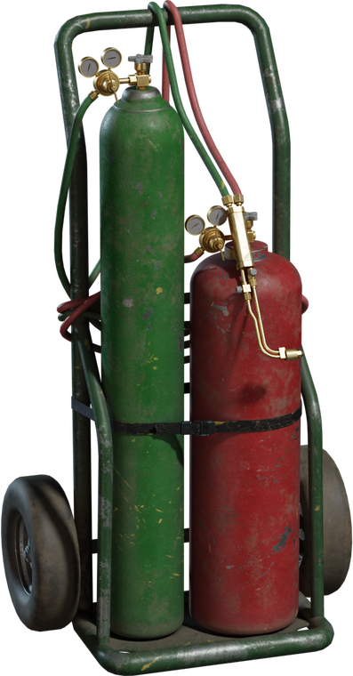 Free 8K model of a portable welding cart with green and red gas cylinders, brass gauges and torch, coiled hoses, scuffed paint, and chunky rubber wheels.