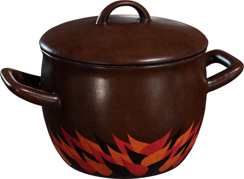 Free 8K enamel pot model, dark brown with worn scuffs, lid and rounded handles, decorated with bold red-orange flame-like pattern around the base.