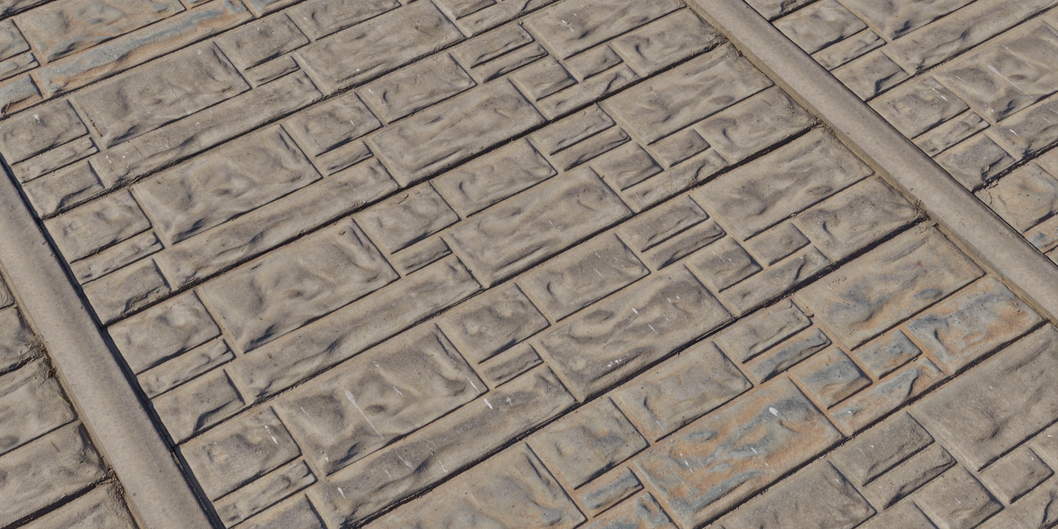 Free 8K texture of precast concrete wall with stamped rectangular pattern, weathered, dirty surface, subtle chips, coarse low-sheen concrete finish.