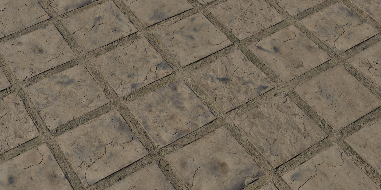 Free 8K texture of worn precast stone paving: patterned concrete pavers with cracked, stained faces and moss-filled joints, rough matte stone surface.