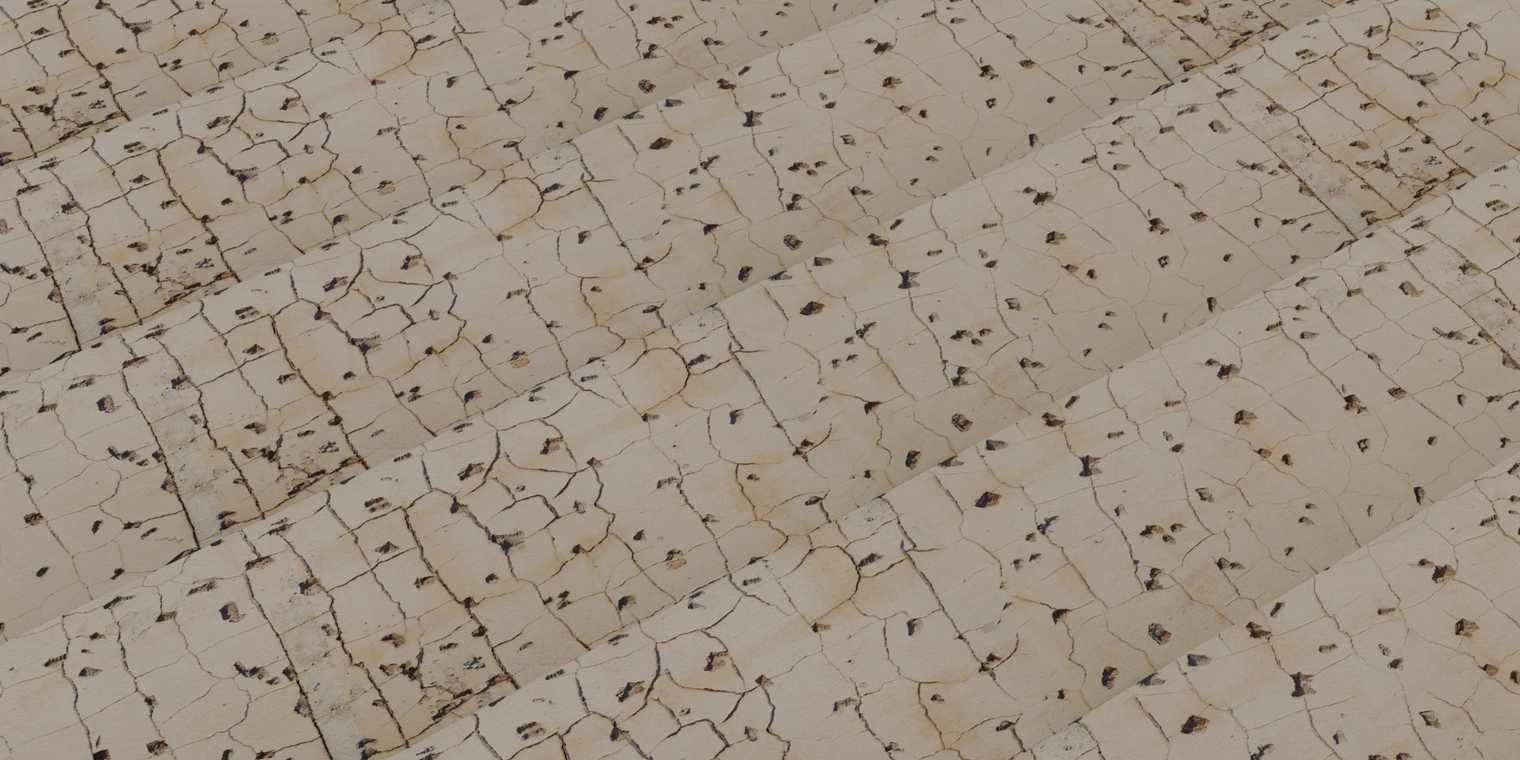 Free 24K texture of beige painted concrete wall with cracked, chipped and stained plaster; rough, weathered surface showing deep fissures and dirt.