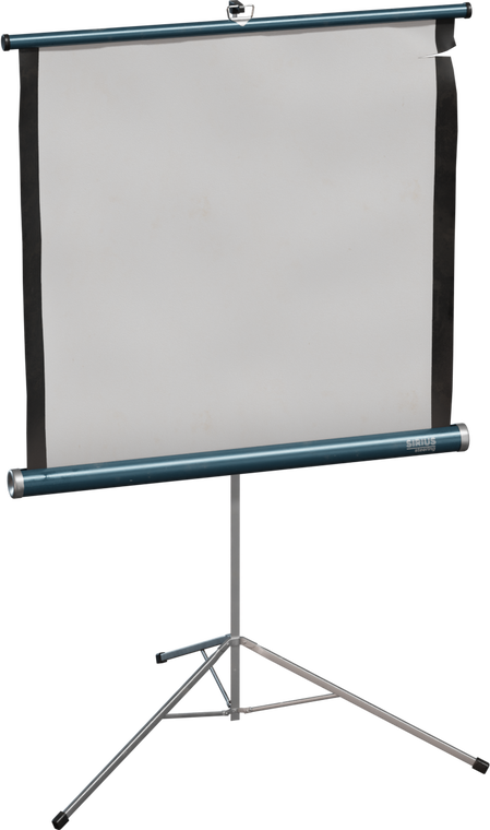 Free 8K model of a portable projector screen: teal metal roll case, white fabric with subtle stains and creases, black edges, tripod stand with rubber feet.