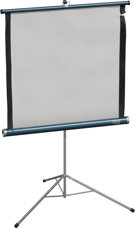 Free 8K model of a portable projector screen: teal metal roll case, white fabric with subtle stains and creases, black edges, tripod stand with rubber feet.