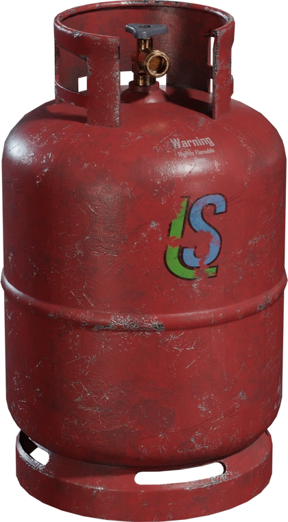 Free 4k model: weathered red propane tank with chipped paint, scratches, dents, brass valve and faded colorful decal; realistic worn metal detailing.