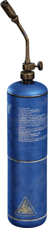 Free 4K model of a blue propane torch with warning labels, tarnished brass nozzle and knurled valve, realistic grime and scratches.